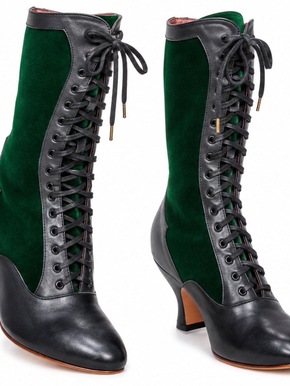 American Duchess Camille Edwardian Boots Black Green Leather Velvet Sz 11 NWOB
